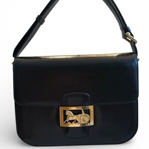 Vintage Celine black leather horse carriage shoulder bag